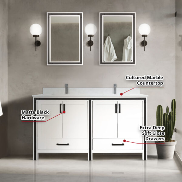 Ziva 60W x 22D White Double Bath Vanity and 22Mirrors