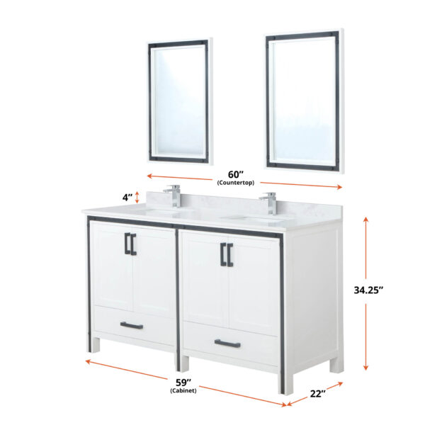 Ziva 60W x 22D White Double Bath Vanity and 22Mirrors