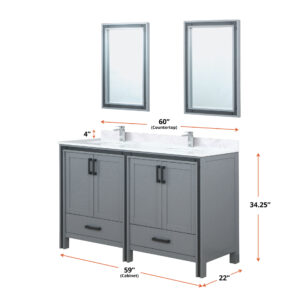 Ziva 60W x 22D Dark Grey Double Bath Vanity, Cultured Marble Top, Faucet Set and 22Mirrors