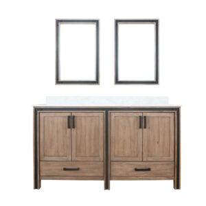 Ziva 60W x 22D Rustic Barnwood Double Bath Vanity, Cultured Marble Top and 22Mirrors