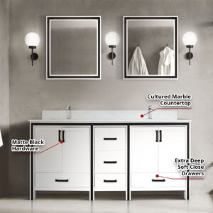 Ziva 72W x 22D White Double Bath Vanity and 30Mirrors