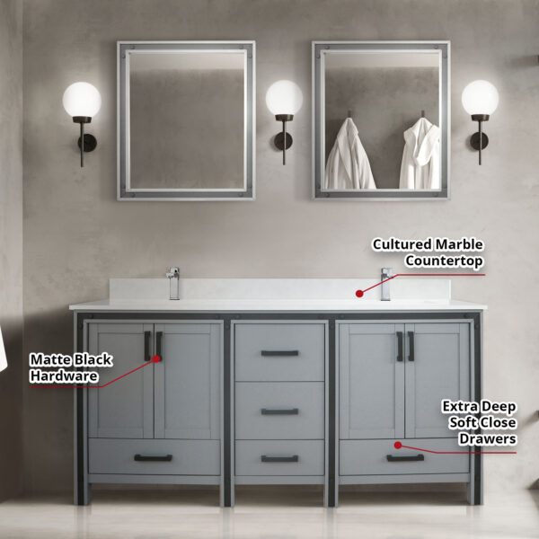 Ziva 72W x 22D Dark Grey Double Bath Vanity and 30Mirrors