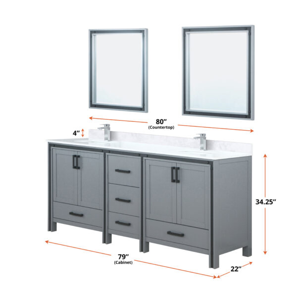 Ziva 80W x 22D Dark Grey Double Bath Vanity and 30Mirrors