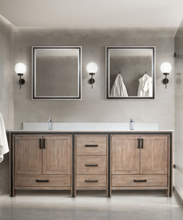 Ziva 84W x 22D Rustic Barnwood Double Bath Vanity, Cultured Marble Top, Faucet Set and 34Mirrors