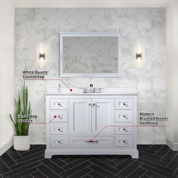 Dukes 48 in. W x 22 in. D White Double Bath Vanity, White Quartz Top, Faucet Set, 46 in. Mirror