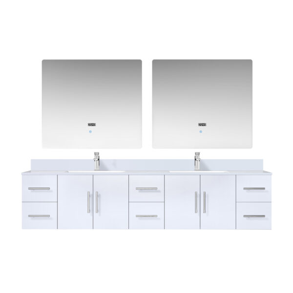 Geneva 84 in. W x 22 in. D Glossy White Double Bath Vanity, Cultured Marble Top, Faucet Set, and 36 in. LED Mirrors