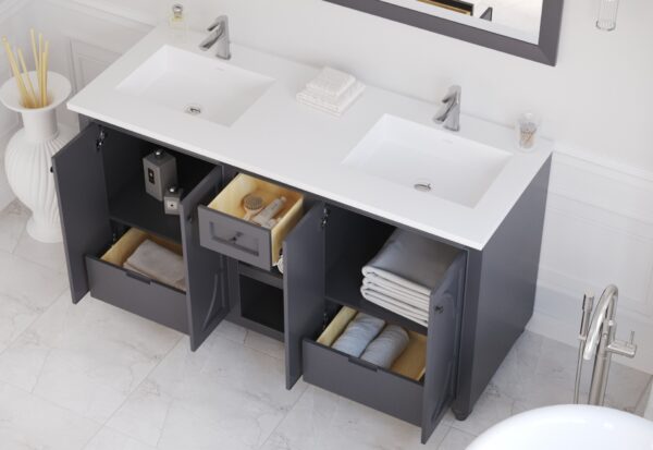 Laviva Odyssey 60" Maple Grey Double Sink Bathroom Vanity with Matte White VIVA Stone Solid Surface Countertop