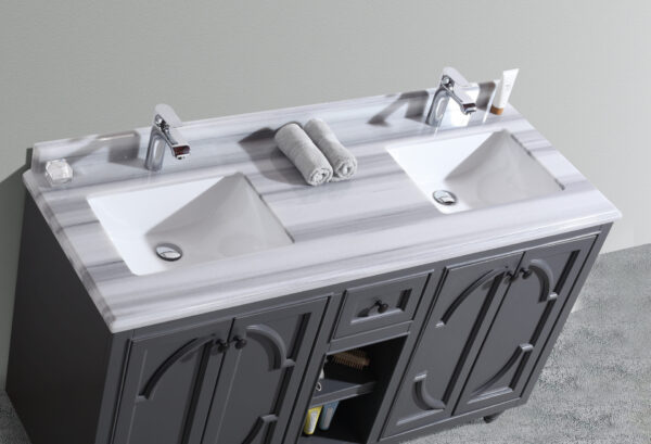 Laviva Odyssey 60" Maple Grey Double Sink Bathroom Vanity with White Stripes Marble Countertop