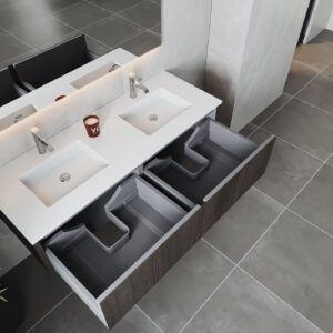 Laviva Legno 60" Carbon Oak Double Sink Bathroom Vanity with Matte White VIVA Stone Solid Surface Countertop