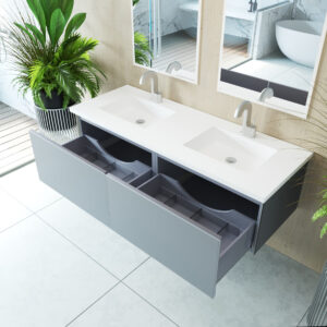 Laviva Vitri 60" Fossil Grey Double Sink Bathroom Vanity with VIVA Stone Matte White Solid Surface Countertop