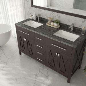 Laviva Wimbledon 60" Brown Double Sink Bathroom Vanity with Black Wood Marble Countertop