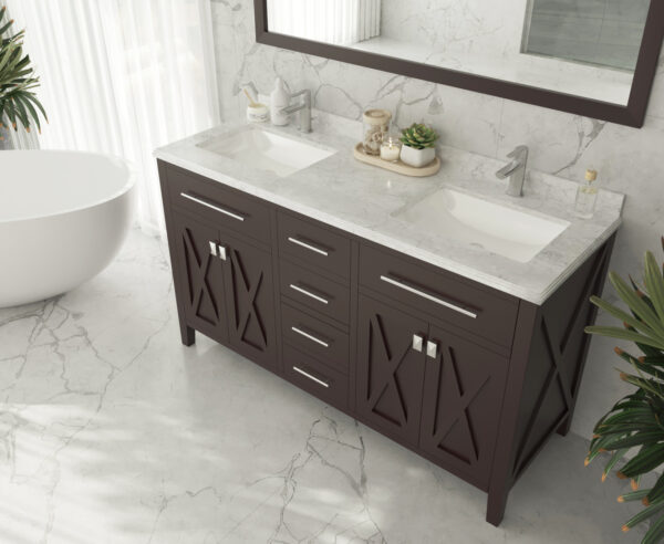 Laviva Wimbledon 60" Brown Double Sink Bathroom Vanity with White Carrara Marble Countertop