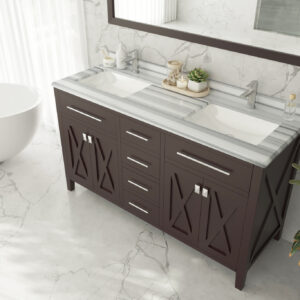 Laviva Wimbledon 60" Brown Double Sink Bathroom Vanity with White Stripes Marble Countertop