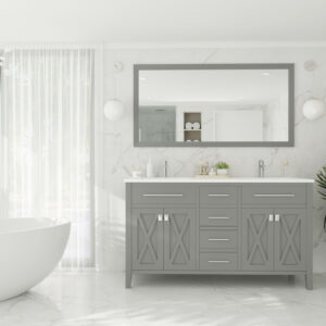 Laviva Wimbledon 60" Grey Double Sink Bathroom Vanity with Matte White VIVA Stone Solid Surface Countertop