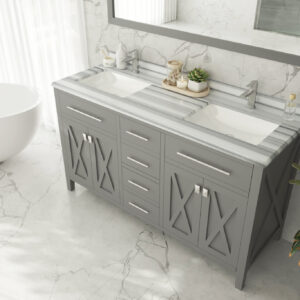 Laviva Wimbledon 60" Grey Double Sink Bathroom Vanity with White Stripes Marble Countertop