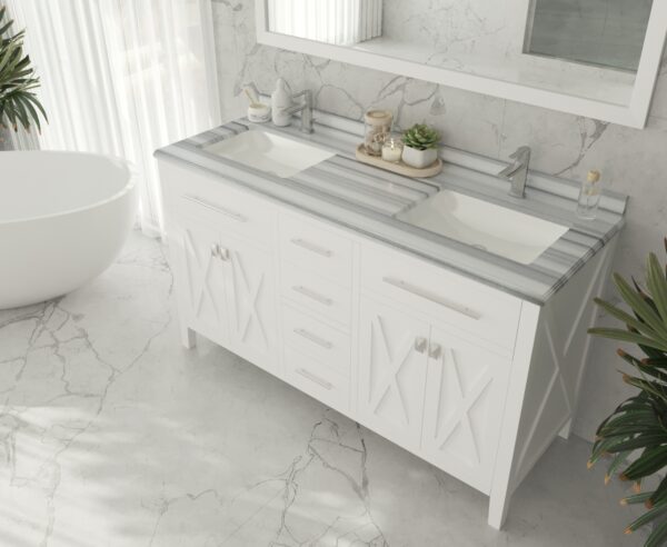 Laviva Wimbledon 60" White Double Sink Bathroom Vanity with White Stripes Marble Countertop