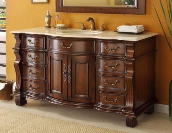 Chans Furniture GD-4437M-60 Hopkinton 60 Inch Light Cherry Bathroom Sink Vanity, Cream Marble Countertop