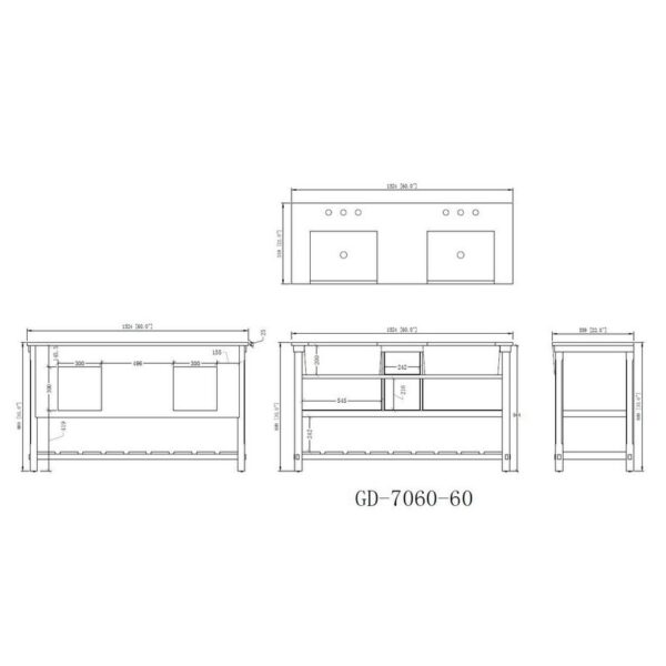 Chans Furniture GD-7060-WT60-RA 60 Inches Kendia Farmhouse Double Sink Bathroom Vanity