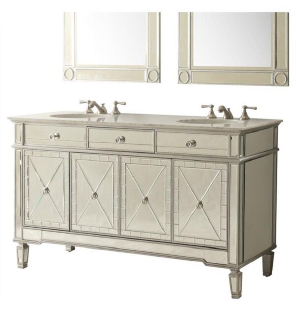 Chans Furniture 7332Q60 60 Inch All-Mirrored Reflection Ashlia Double Sink Bathroom Sink Vanity