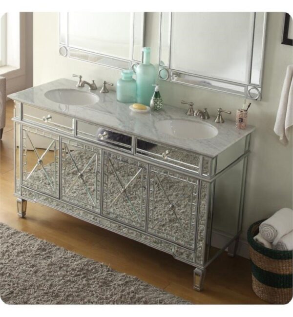 Chans Furniture 7332Q60 60 Inch All-Mirrored Reflection Ashlia Double Sink Bathroom Sink Vanity