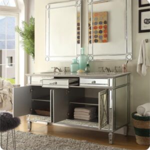 Chans Furniture 7332Q60 60 Inch All-Mirrored Reflection Ashlia Double Sink Bathroom Sink Vanity