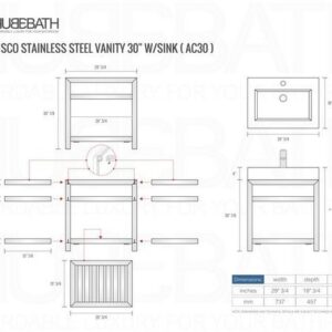 Kubebath AC30 Cisco 30 Inch Stainless Steel Console with White Acrylic Sink in Chrome