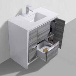 Kubebath AD636HG Dolce 36 Inch Ash Gray Modern Bathroom Vanity with White Quartz Counter-Top