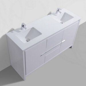 Kubebath AD660DGW Dolce 60 Inch Double Sink High Gloss White Modern Bathroom Vanity with White Quartz Counter-Top