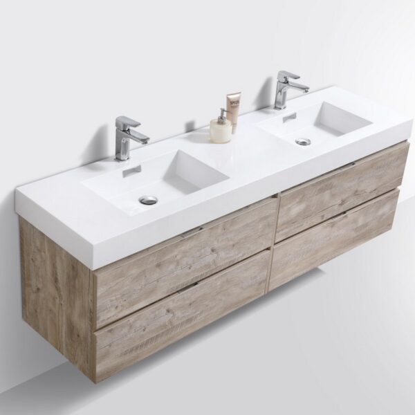 Kubebath BSL72D-NW Bliss 72 Inch Double Sink Nature Wood Wall Mount Modern Bathroom Vanity