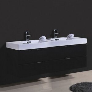 Kubebath BSL80D-BK Bliss 80 Inch Double Sink Black Wall Mount Modern Bathroom Vanity