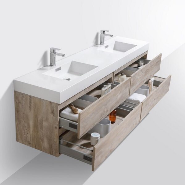 Kubebath BSL80D-NW Bliss 80 Inch Double Sink Nature Wood Wall Mount Modern Bathroom Vanity