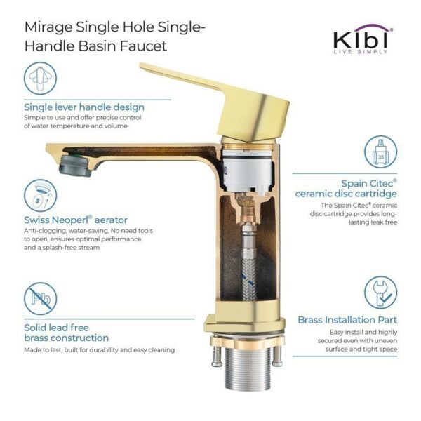 KIBI USA C-KBF1001-KPW100 Mirage 6 3/8 Inch Single Hole Deck Mounted Lead Free Solid Brass Single Handle Bathroom Vanity Faucet with Pop Up Drain