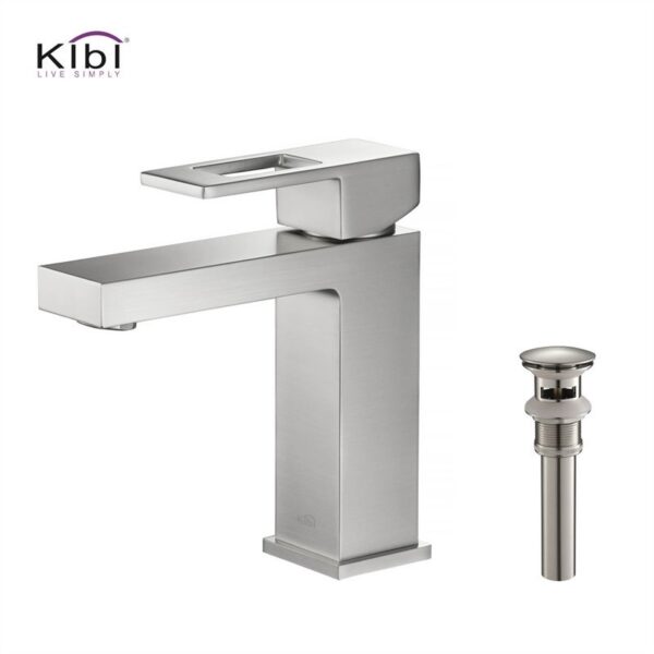 KIBI USA C-KBF1002-KPW100 Cubic 6 3/4 Inch Single Hole Deck Mounted Solid Brass Single Handle Bathroom Vanity Sink Faucet with Pop Up Drain