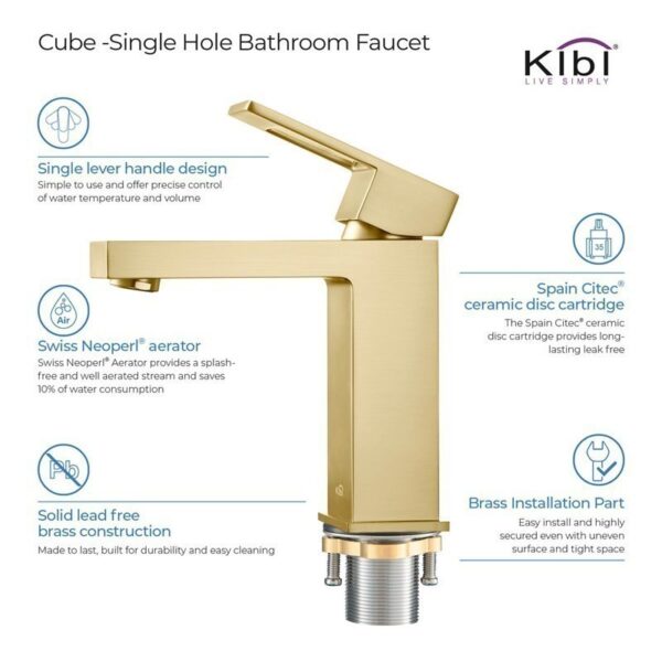 KIBI USA C-KBF1002-KPW100 Cubic 6 3/4 Inch Single Hole Deck Mounted Solid Brass Single Handle Bathroom Vanity Sink Faucet with Pop Up Drain