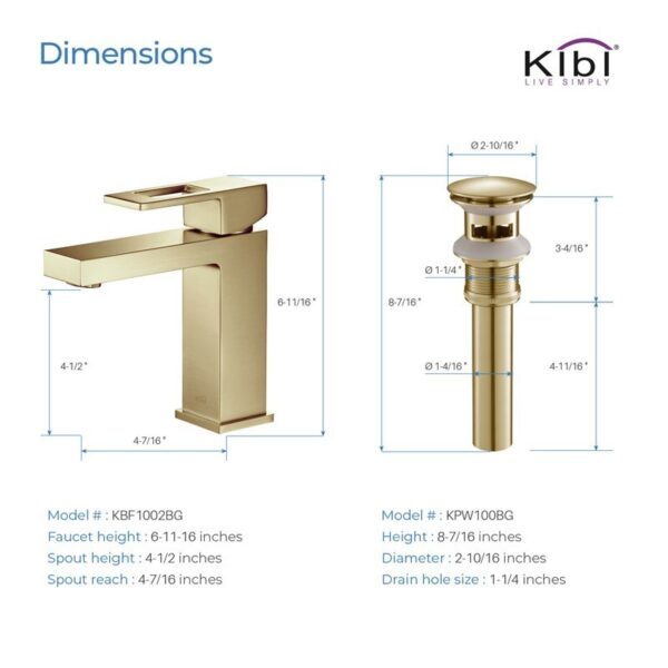 KIBI USA C-KBF1002-KPW100 Cubic 6 3/4 Inch Single Hole Deck Mounted Solid Brass Single Handle Bathroom Vanity Sink Faucet with Pop Up Drain