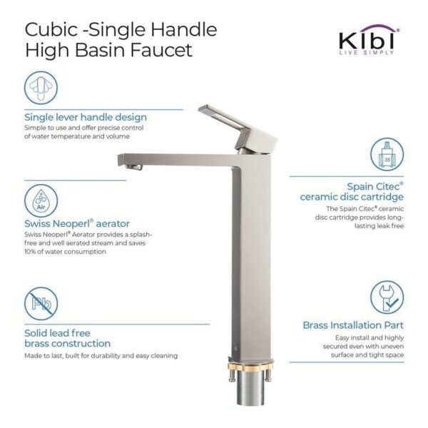 KIBI USA C-KBF1003-KPW101 Cubic 12 3/8 Inch Single Hole Deck Mounted Lead Free Solid Brass Single Handle Bathroom Vanity Sink Faucet with Pop Up Drain