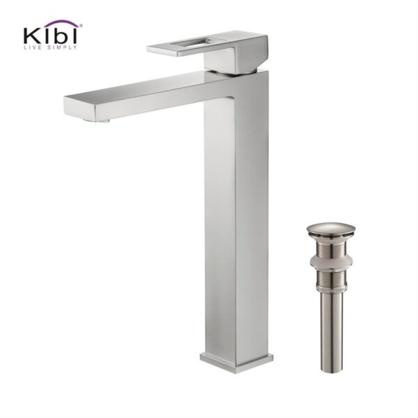 KIBI USA C-KBF1003-KPW101 Cubic 12 3/8 Inch Single Hole Deck Mounted Lead Free Solid Brass Single Handle Bathroom Vanity Sink Faucet with Pop Up Drain