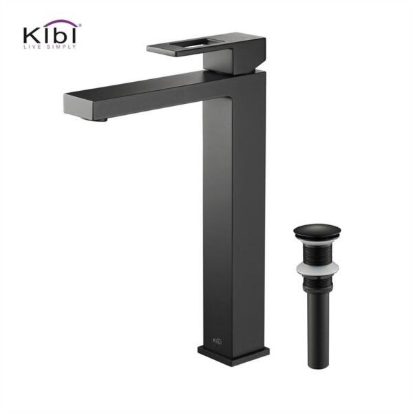 KIBI USA C-KBF1003-KPW101 Cubic 12 3/8 Inch Single Hole Deck Mounted Lead Free Solid Brass Single Handle Bathroom Vanity Sink Faucet with Pop Up Drain