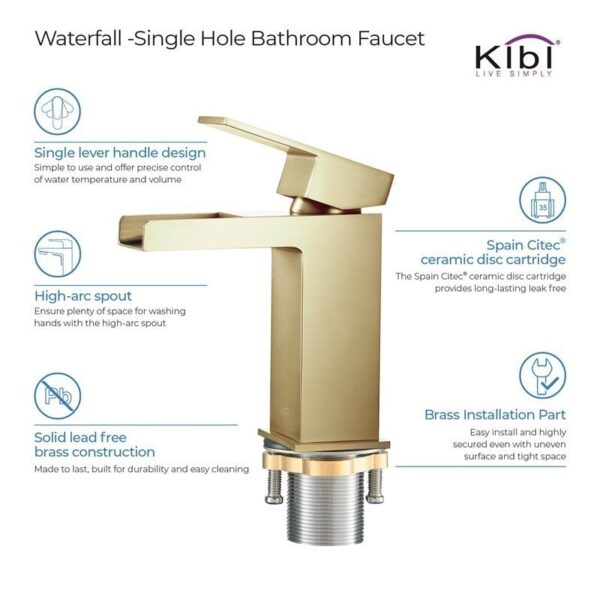 KIBI USA C-KBF1004-KPW100 Waterfall 6 1/8 Inch Single Hole Deck Mounted Solid Brass Single Handle Sink Faucet with Pop Up Drain