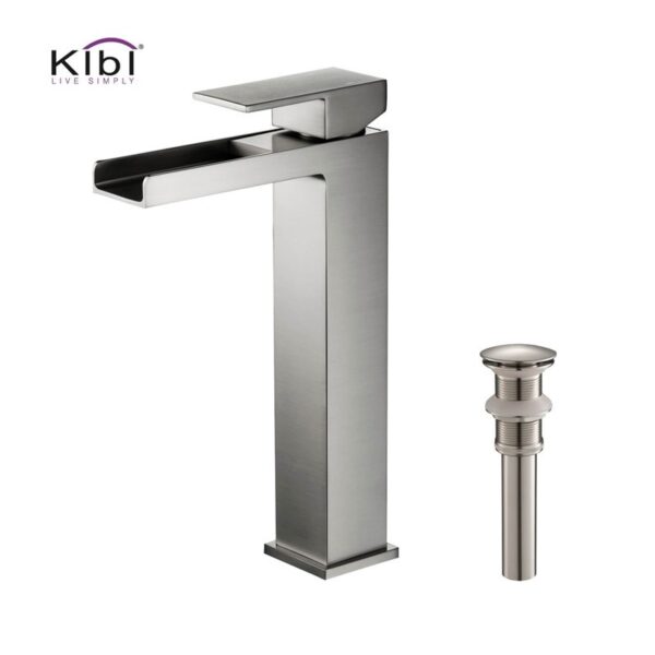 KIBI USA C-KBF1005-KPW101 Waterfall 10 7/8 Inch Single Hole Deck Mounted Lead-Free Solid Brass Single Handle Bathroom Sink Faucet with Pop Up Drain