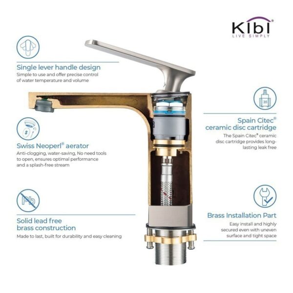 KIBI USA C-KBF1006-KPW100 Infinity 6 3/8 Inch Single Hole Deck Mounted Lead Free Solid Brass Single Handle Bathroom Vanity Sink Faucet with Pop Up Drain