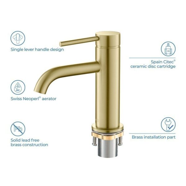 KIBI USA C-KBF1008-KPW100 Circular 6 5/8 Inch Single Hole Deck Mounted Lead Free Solid Brass Single Handle Bathroom Faucet with Pop Up Drain