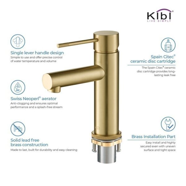 KIBI USA C-KBF1010-KPW100 Circular X 6 7/8 Inch Single Hole Deck Mounted Luxury Solid Brass Single Hole Bathroom Faucet with Pop Up Drain