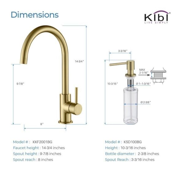 KIBI USA C-KKF2001-KSD100 Lowa 14 3/4 Inch Single Hole Deck Mount High Arc Single Lever Bar Prep Kitchen Faucet with Soap Dispenser