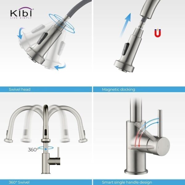 KIBI USA C-KKF2002-KSD100 Casa 16 1/2 Inch Single Hole Deck Mount Single Level Pull-Down Kitchen Faucet with Sprayer and Soap Dispenser