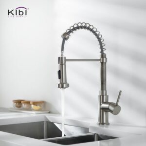 KIBI USA C-KKF2003-KSD100 Aurora 17 Inch Single Hole Deck Mount Single Handle Pull-Down Kitchen Faucet with Sprayer and Soap Dispenser