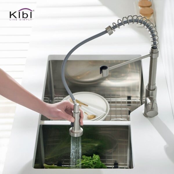 KIBI USA C-KKF2003-KSD100 Aurora 17 Inch Single Hole Deck Mount Single Handle Pull-Down Kitchen Faucet with Sprayer and Soap Dispenser