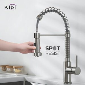 KIBI USA C-KKF2003-KSD100 Aurora 17 Inch Single Hole Deck Mount Single Handle Pull-Down Kitchen Faucet with Sprayer and Soap Dispenser