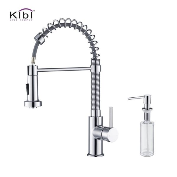 KIBI USA C-KKF2003-KSD100 Aurora 17 Inch Single Hole Deck Mount Single Handle Pull-Down Kitchen Faucet with Sprayer and Soap Dispenser