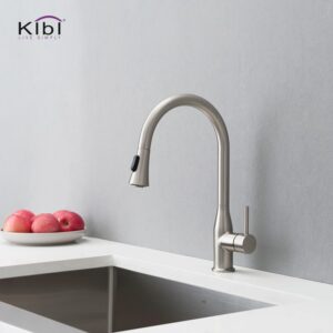 KIBI USA C-KKF2005-KSD100 Napa 16 1/4 Inch Single Hole Deck Mount High Arc Pull-Out Single Level Lead Free Brass Kitchen Faucet with Sprayer and Soap Dispenser